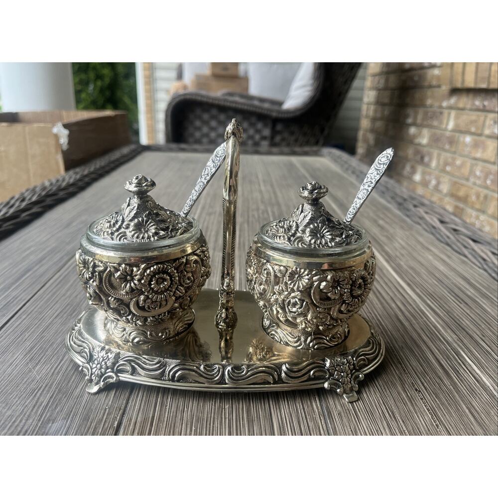 VTG HARRISON FISHER Silver Plated Floral Condiment Jam Caddy w/Spoons